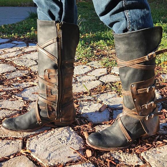 Freebird Women's Riley Leather Mid Calf High Boots Size 10 Strappy Biker Cowgirl - Picture 2 of 16